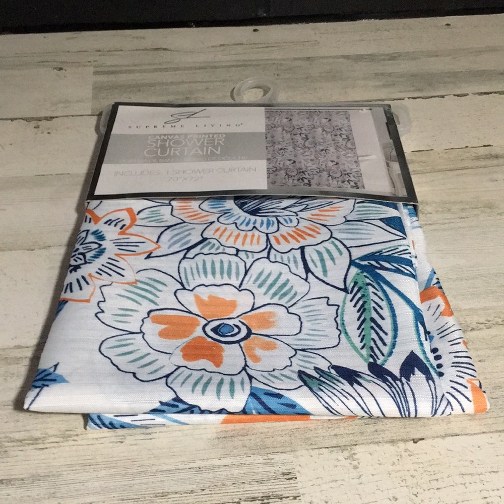 Supreme Living blue/orange/white floral canvas printed shower curtain 70x72